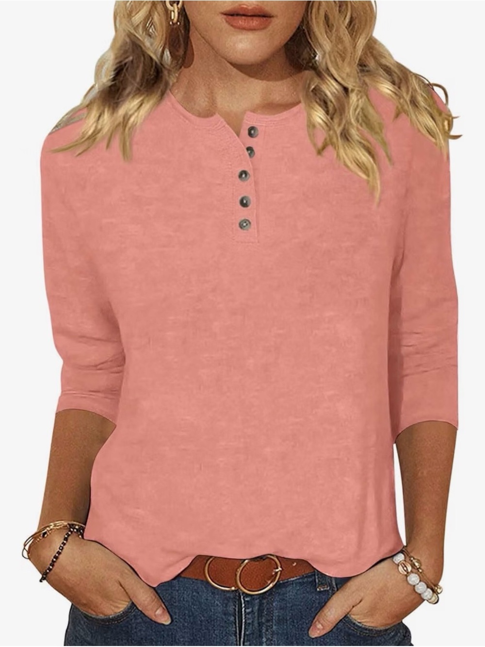 Casual Henley 3/4 Sleeve Top - Pink